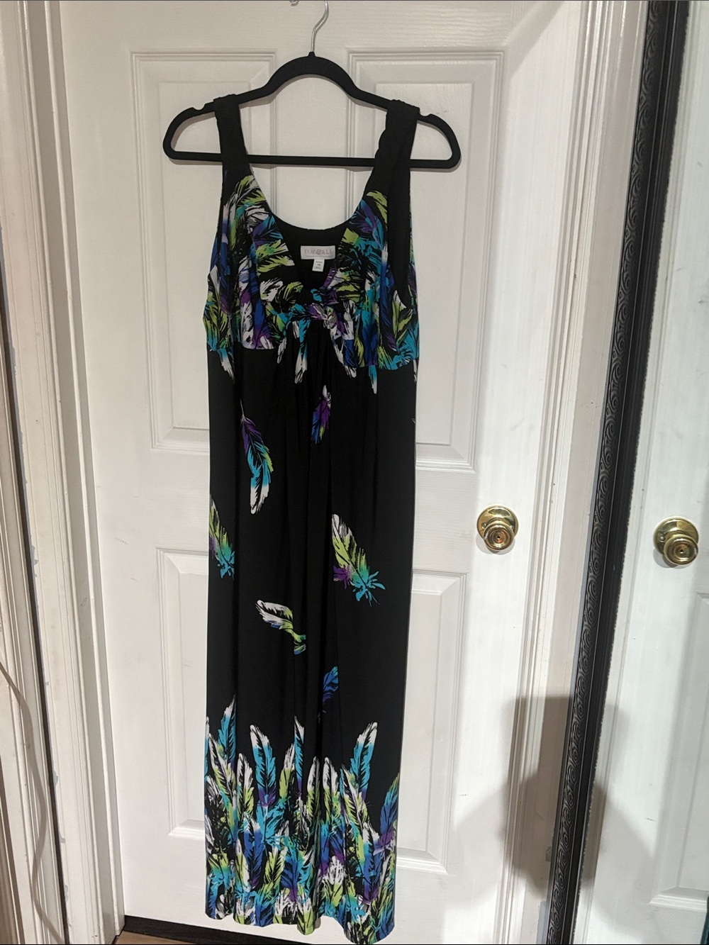 Roz & Ali Black Maxi Dress with Blue, Green & Purple Feather Print